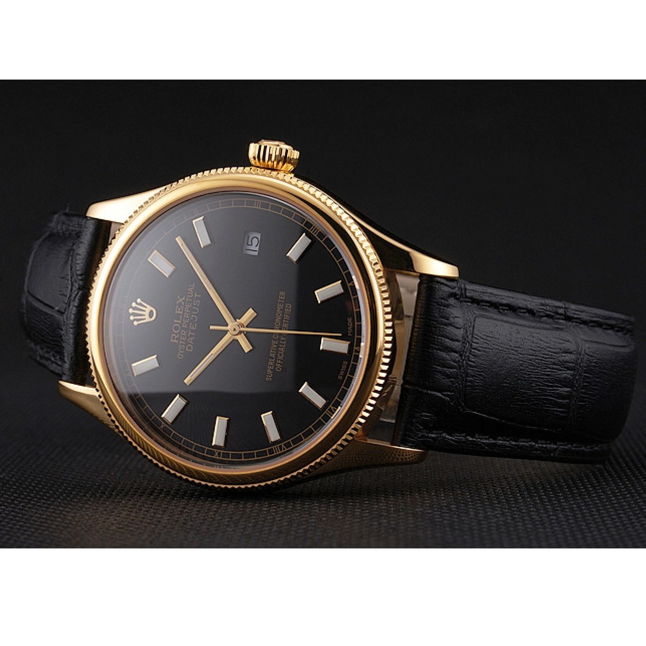Aaa replica Black Dial Gold Datejust Strap Swiss Case Rolex Black Leather 0521